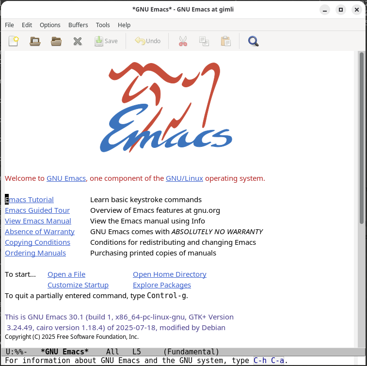 Aparência inicial do Emacs
